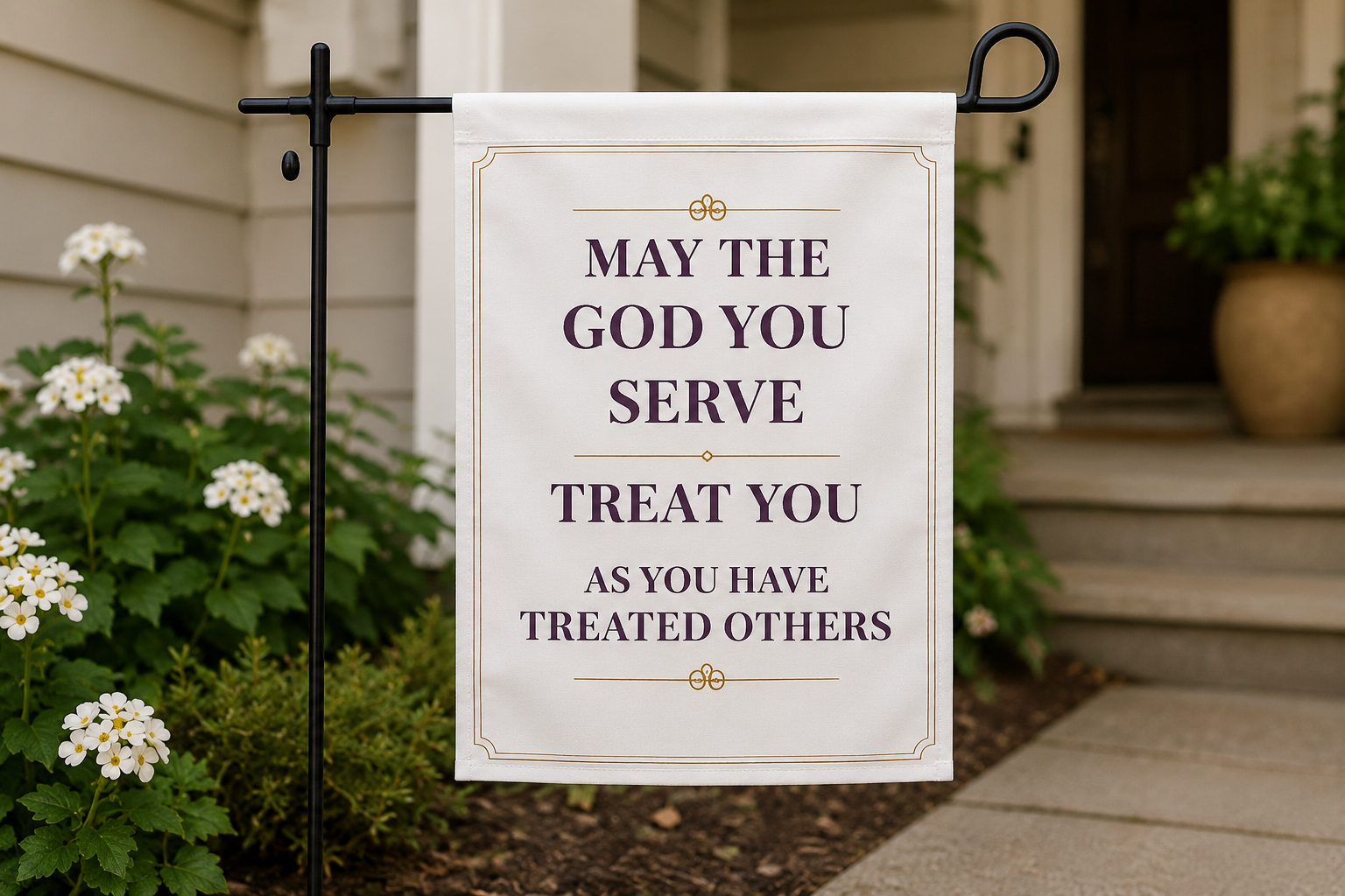 Premium inspirational garden flag decorating a front porch